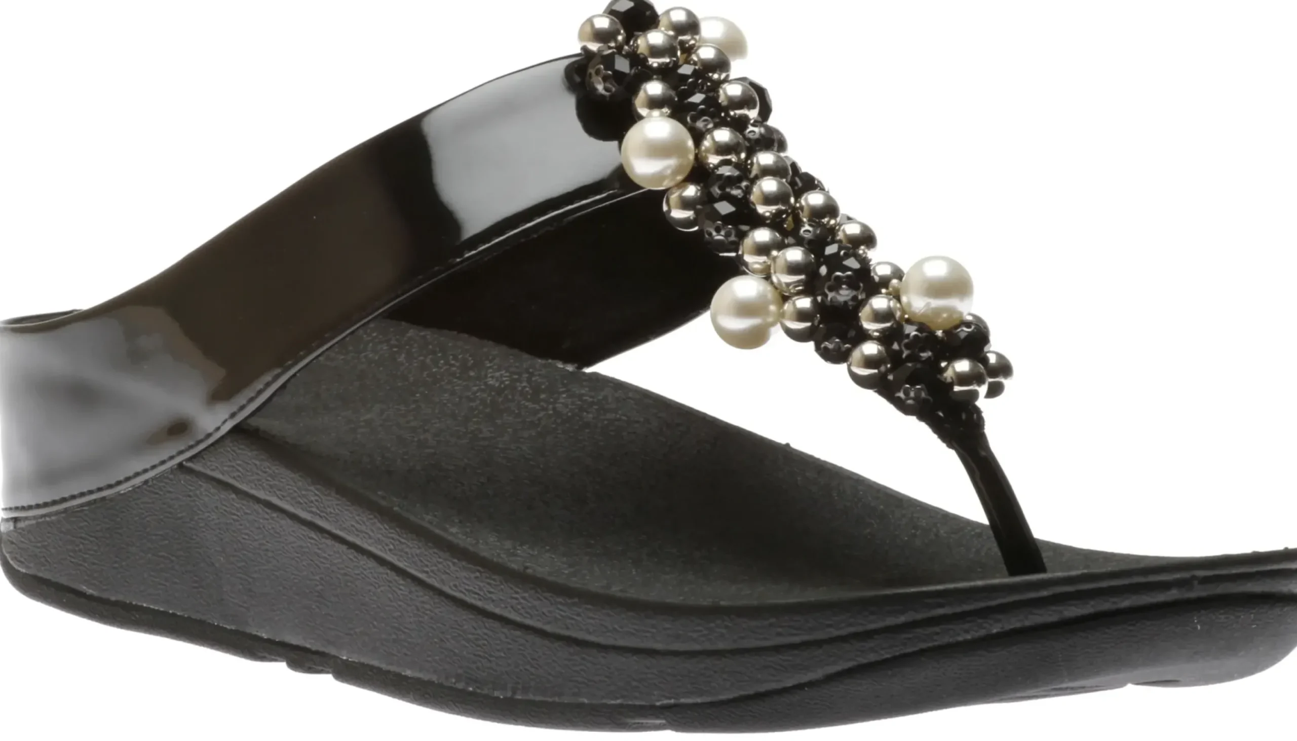 Clearance Fit Flop Deco Black Pearlized Patent Faux Leather Thong Sandal