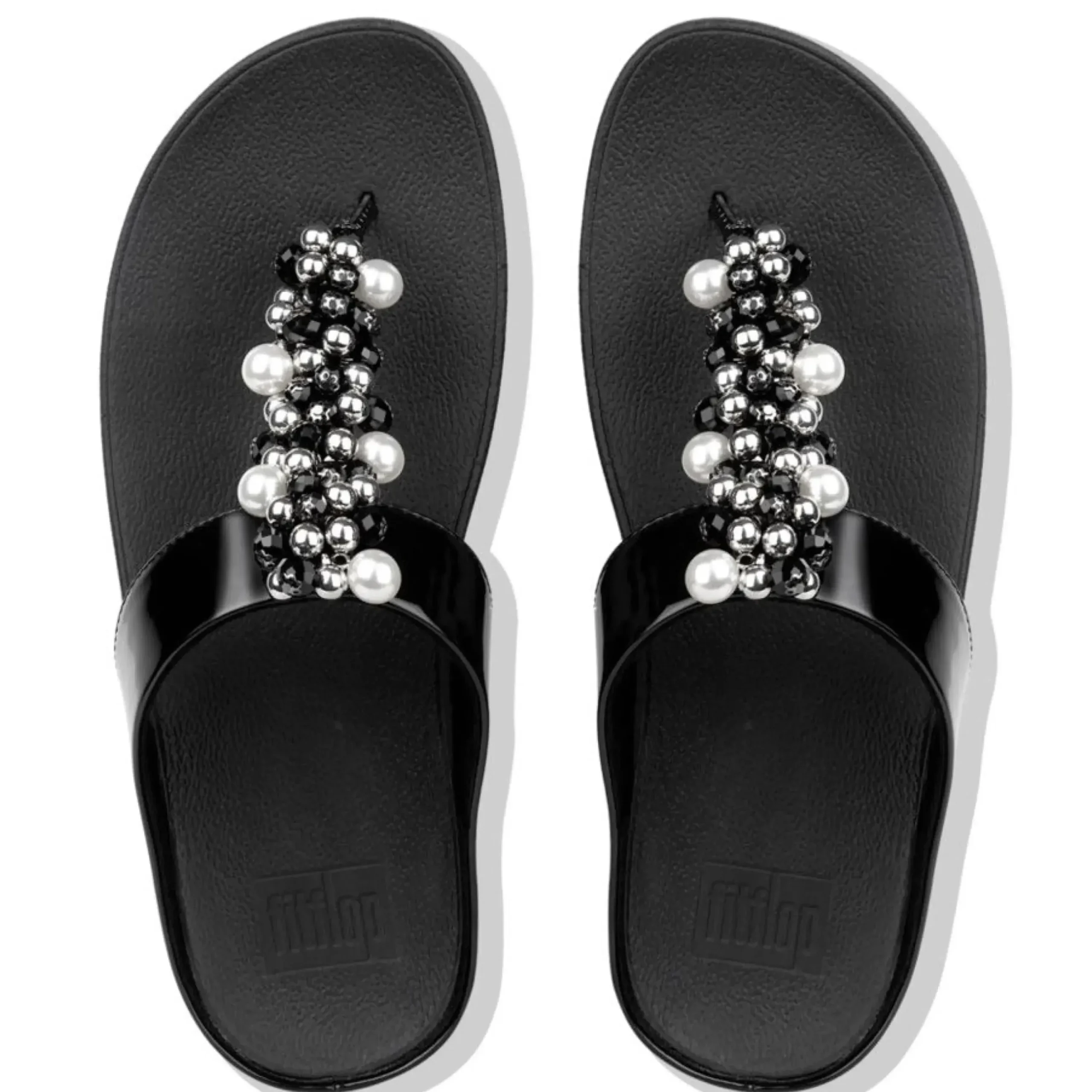 Clearance Fit Flop Deco Black Pearlized Patent Faux Leather Thong Sandal