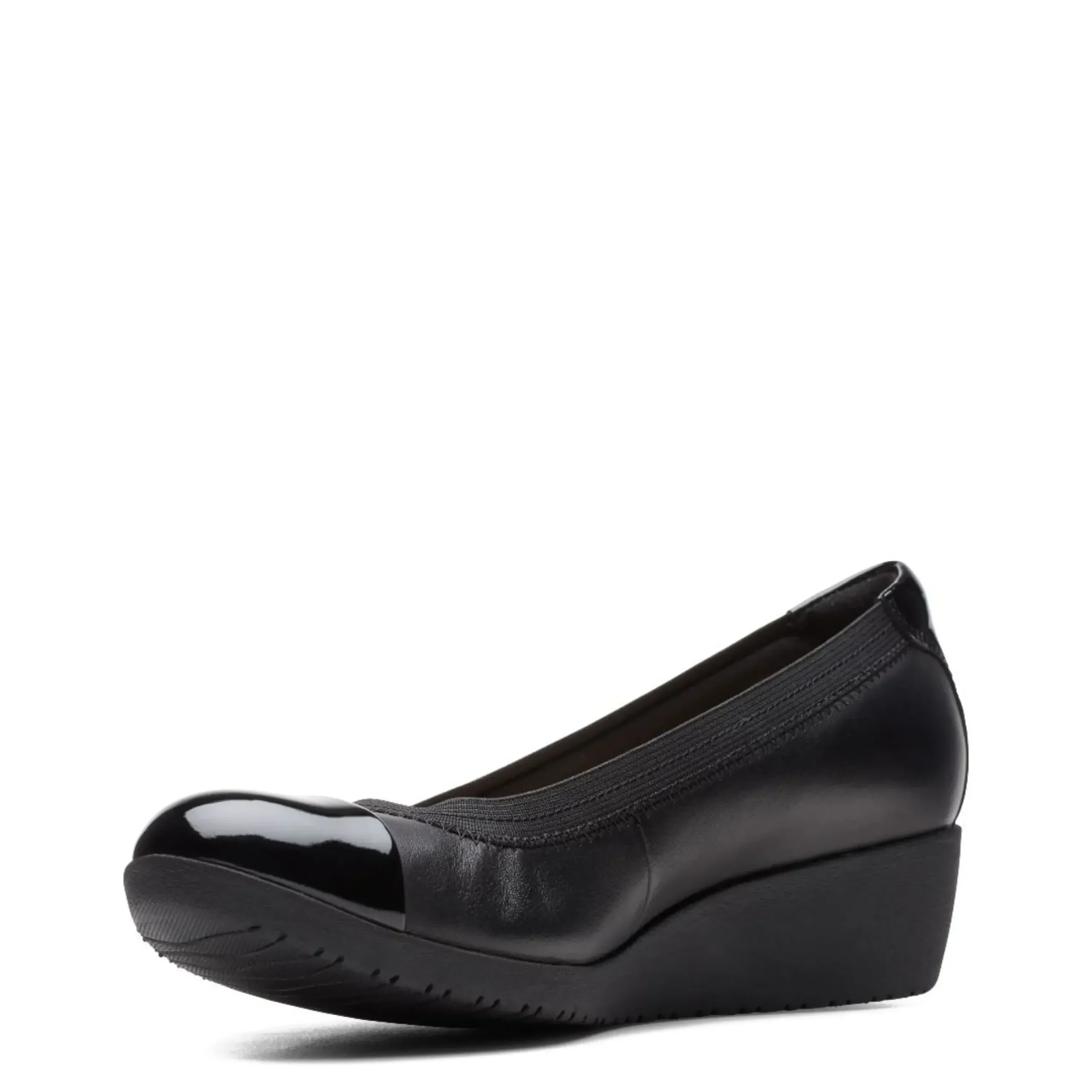 Clarks Elin Palm Black Leather Wedge Heel