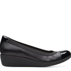 Clarks Elin Palm Black Leather Wedge Heel
