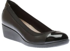 Clarks Elin Palm Black Leather Wedge Heel