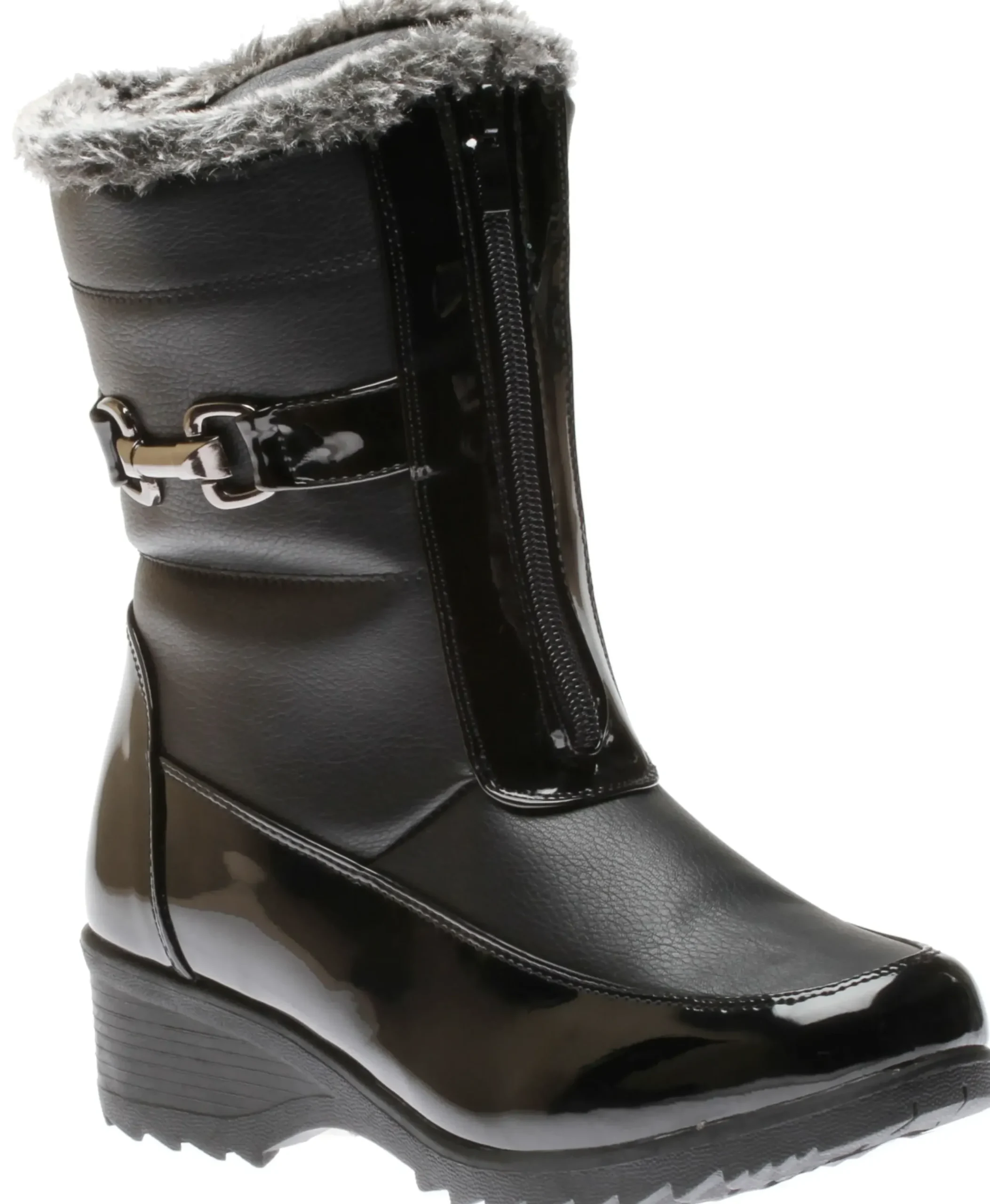 Best Shoe Tech Front Zipper Faux Fur Trim Black Patent Vegan Leather Winter Boot