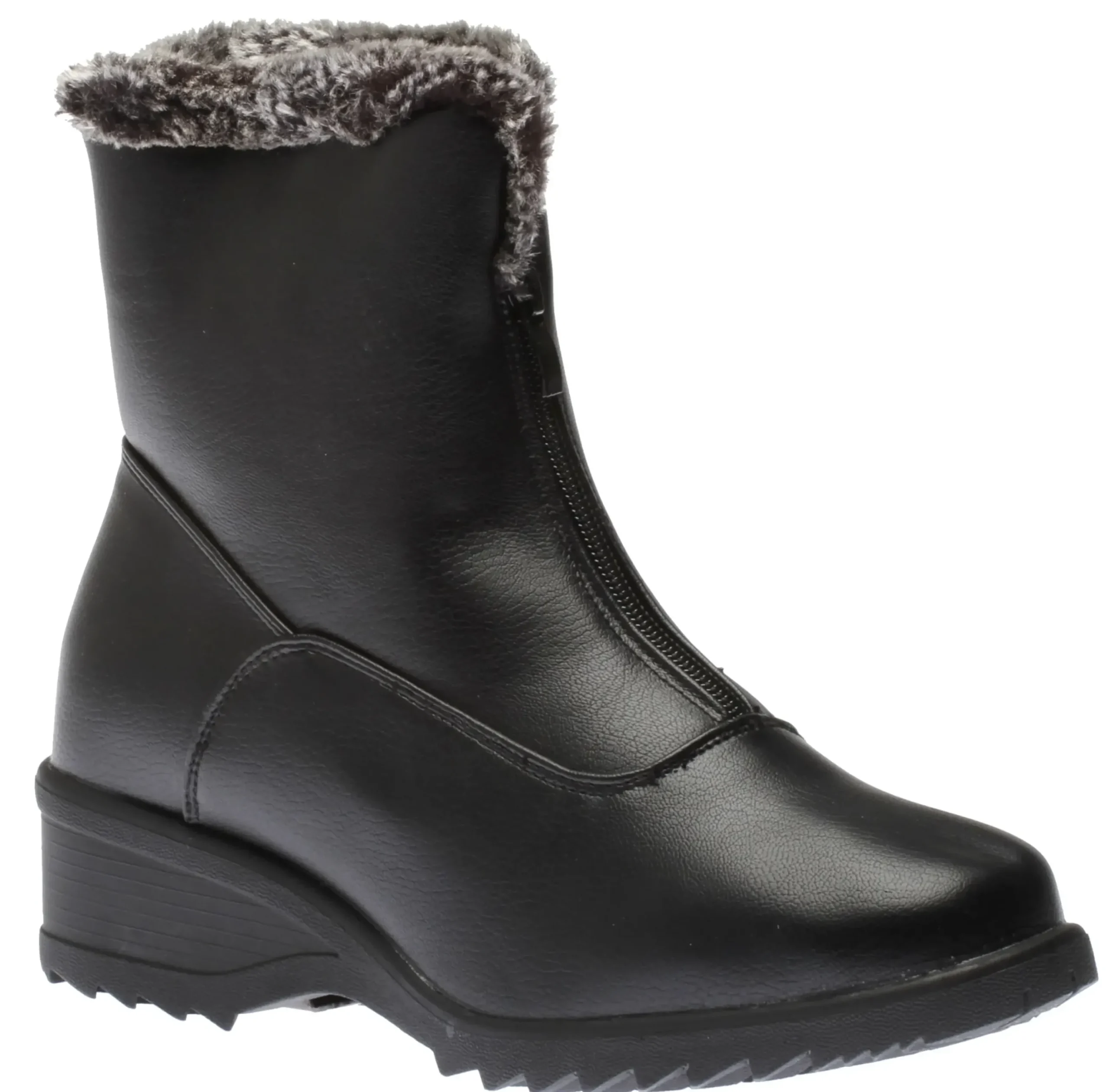 Outlet Shoe tech Front Zipper Ice Grip Black Faux Fur Vegan Winter Boot