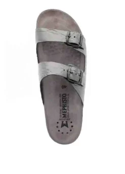 Mephisto Harmony Metallic Grey Leather Crinkle Slide Sandal