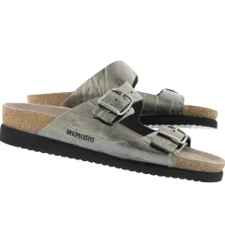 Mephisto Harmony Metallic Grey Leather Crinkle Slide Sandal