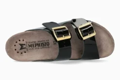 Online Mephisto Hester Black Patent Gold Buckle Slide Sandal