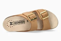 Discount Mephisto Hester Camel Brown Scratch Gold Buckle Slide Sandal
