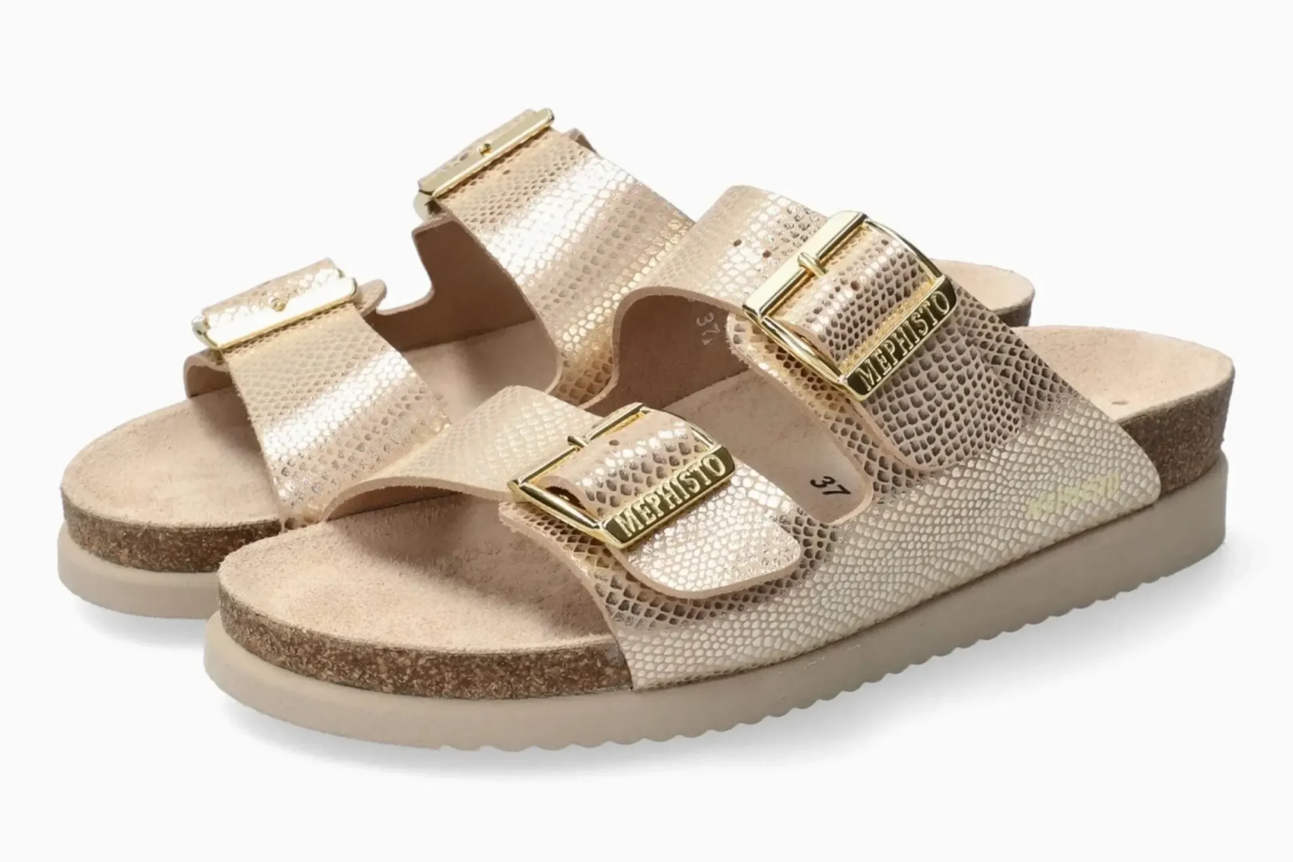 Online Mephisto Hester Light Sand Gold Buckle Textured Leather Slide Sandal