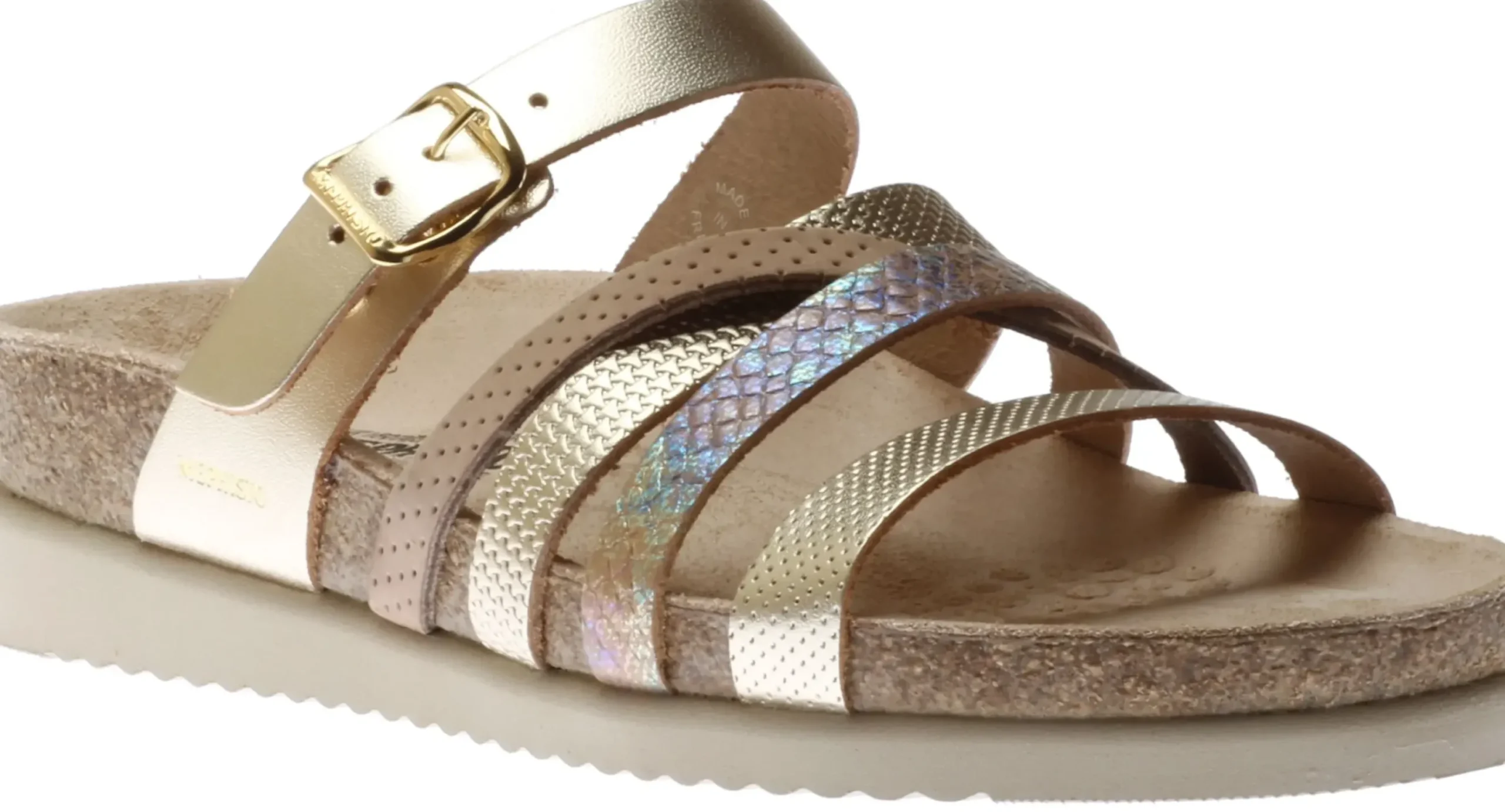 New Mephisto Huleda Gold Leather Multi Strap Slide Sandal