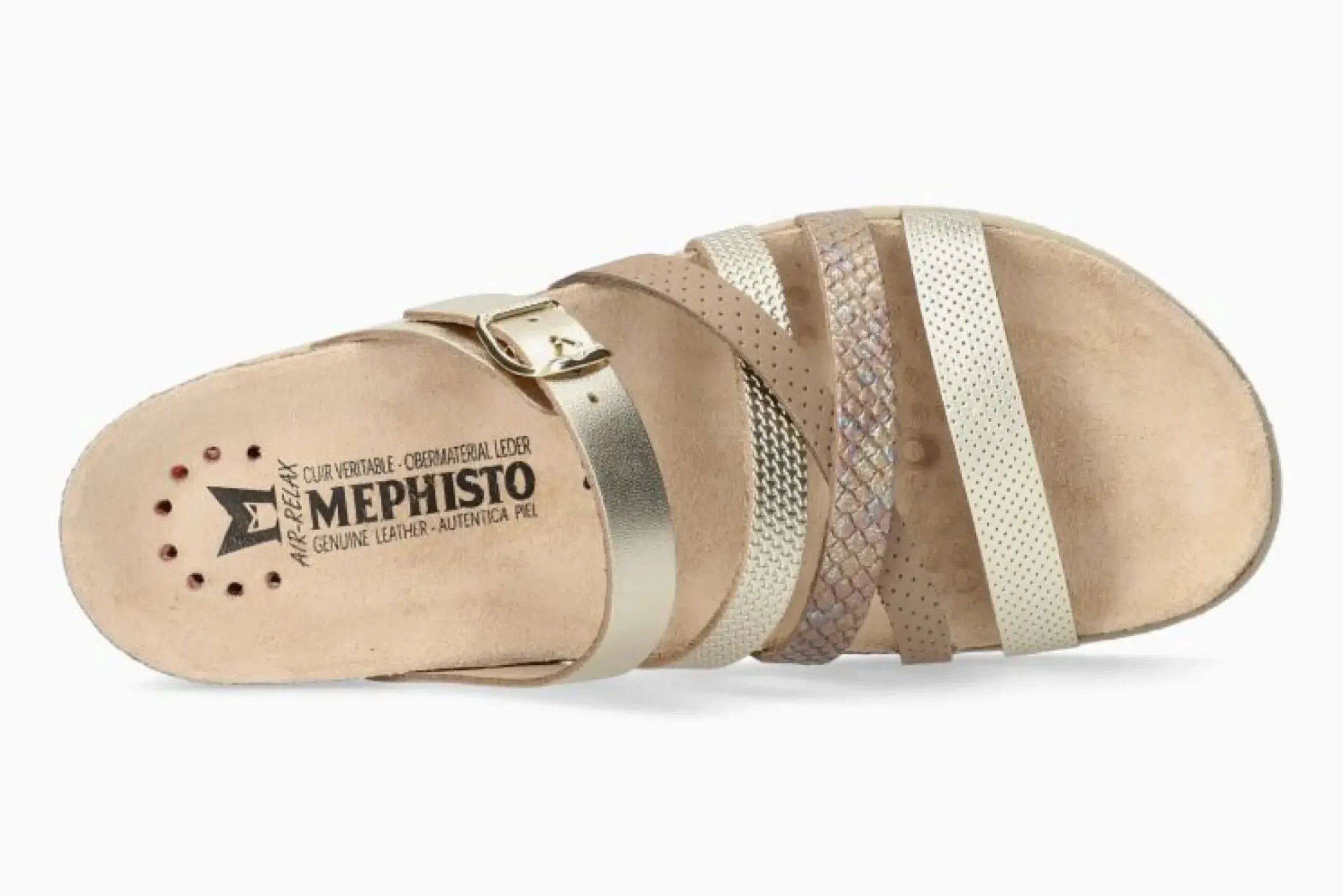 New Mephisto Huleda Gold Leather Multi Strap Slide Sandal