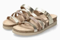 New Mephisto Huleda Gold Leather Multi Strap Slide Sandal