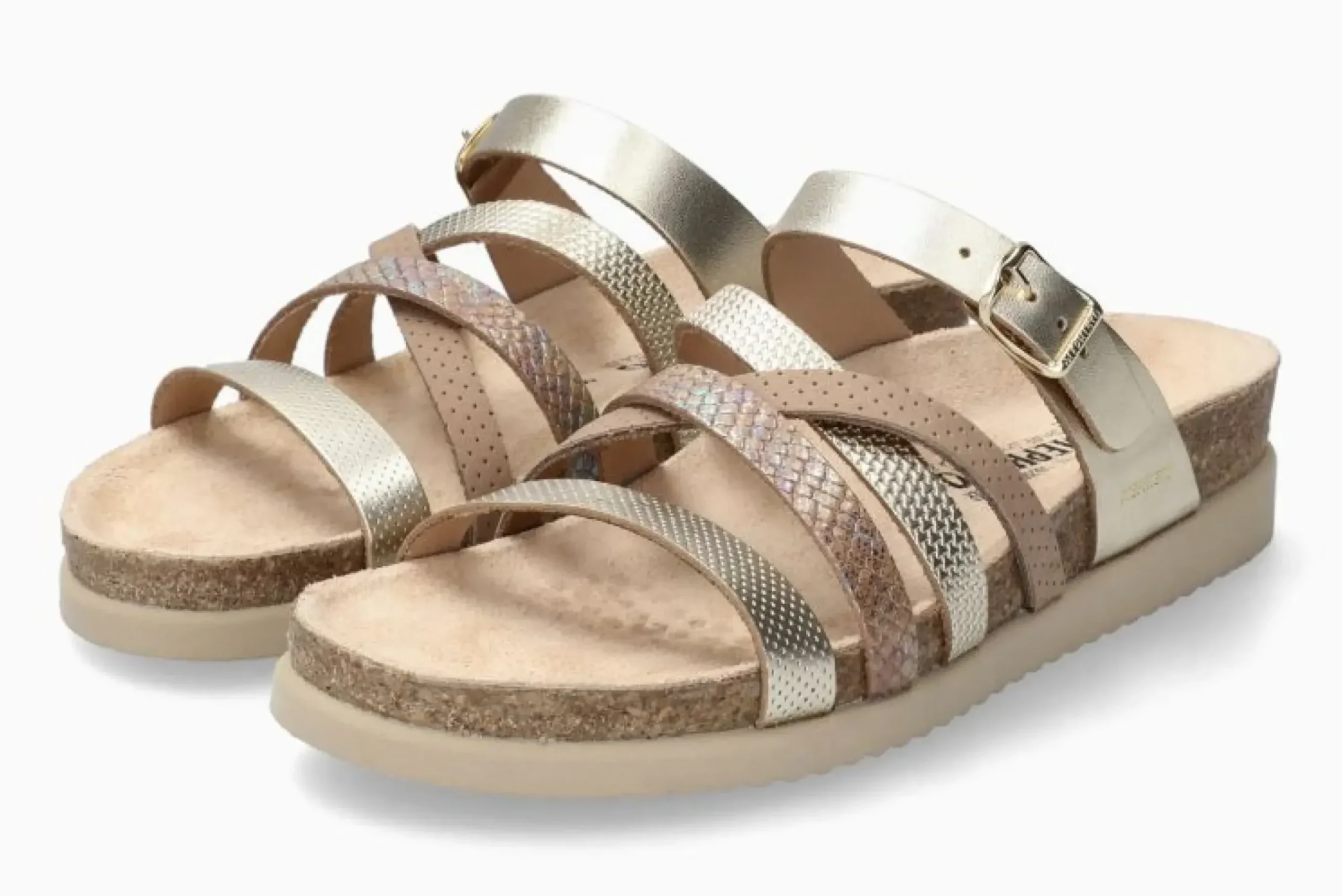 New Mephisto Huleda Gold Leather Multi Strap Slide Sandal