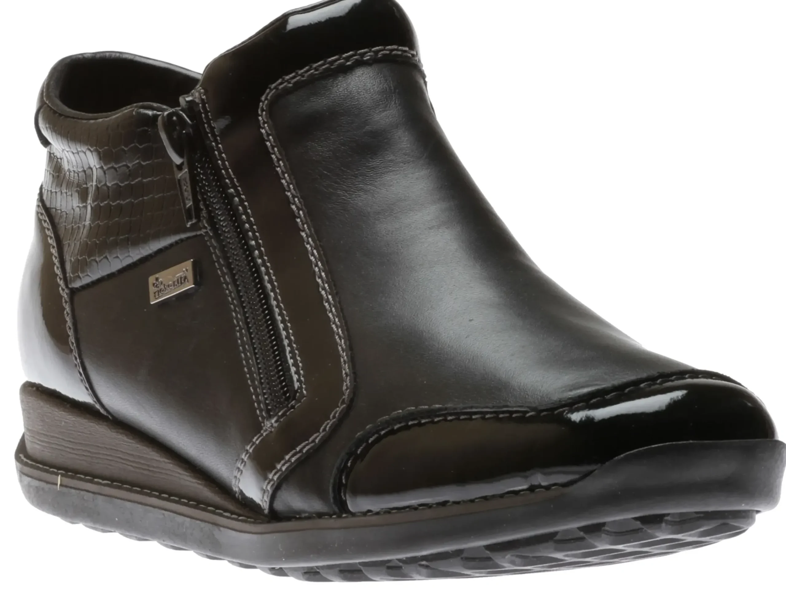 Clearance Rieker Luxor Black Patent Trim Double Zipper Ankle Boot