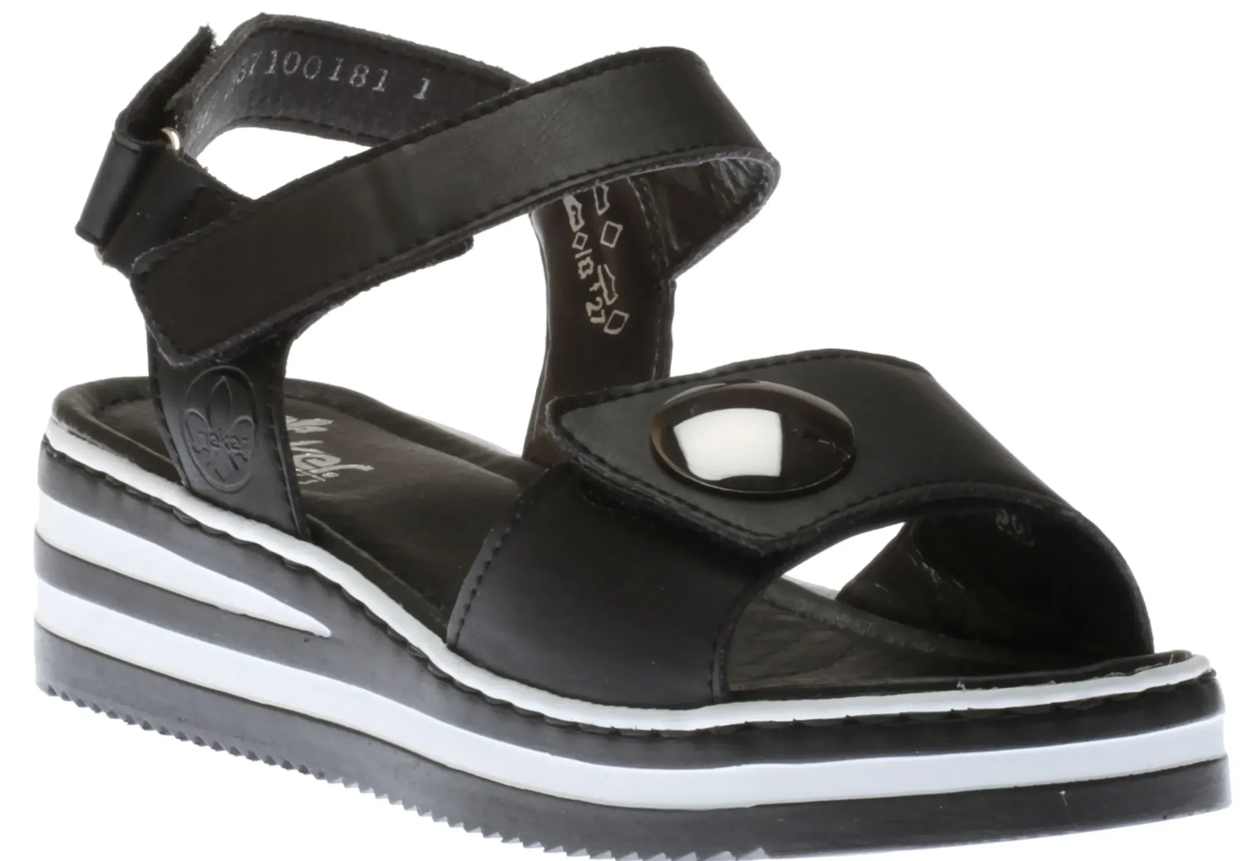 Discount Rieker Luzern Black White Stripe Sole Wedge Sandal