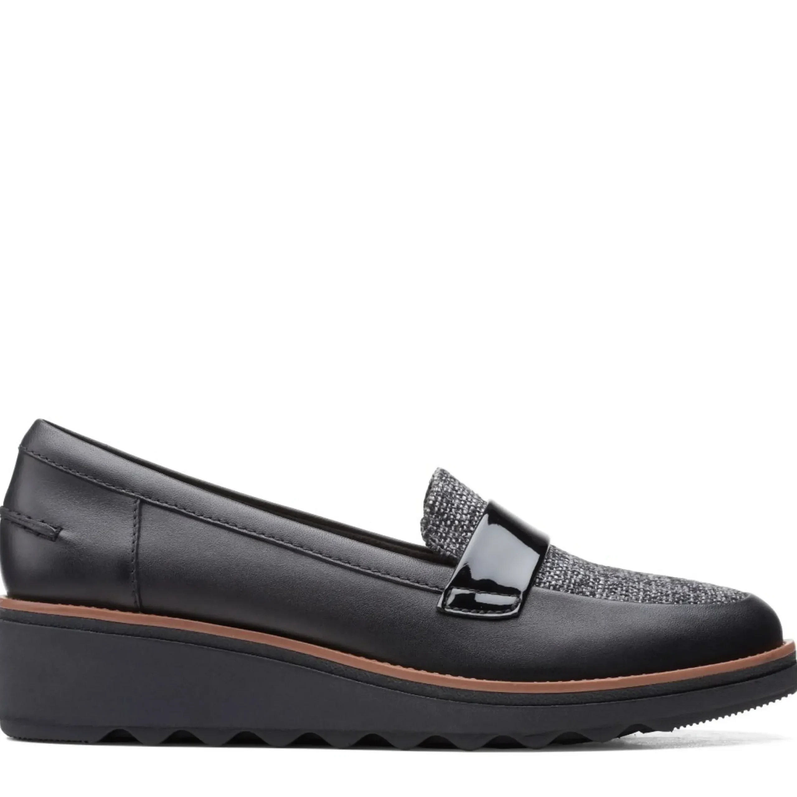 Online Clarks Sharon Gracie Black Tweed Wedge Loafer