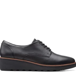 Online Clarks Sharon Noel Black Leather Lace-Up Wedge Oxford