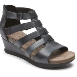 Discount Rockport Shona Black Leather Gladiator Wedge Sandal
