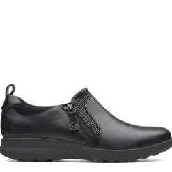 Sale Clarks Un Adorn Zip Black Leather Slip-On