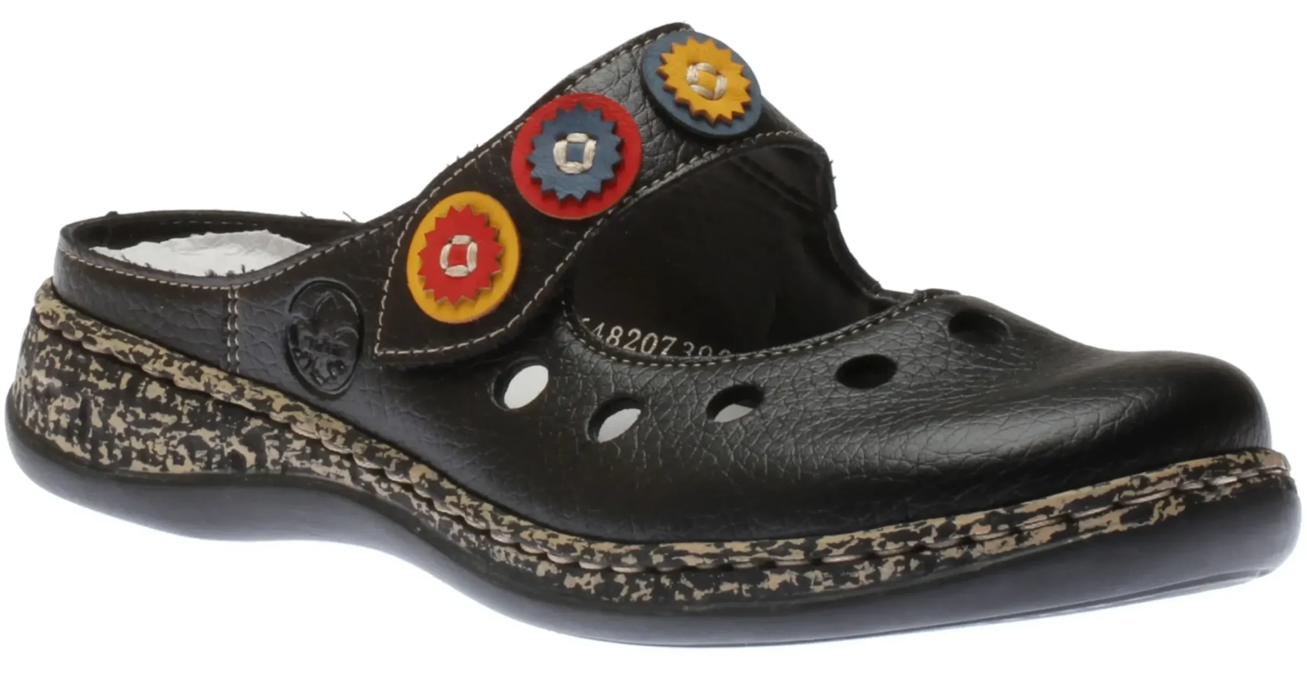 Outlet Rieker Womens Black Leather Multicolour Medallion Clog