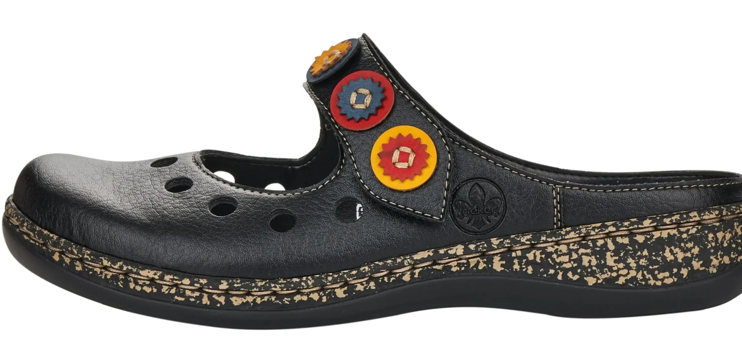 Outlet Rieker Womens Black Leather Multicolour Medallion Clog