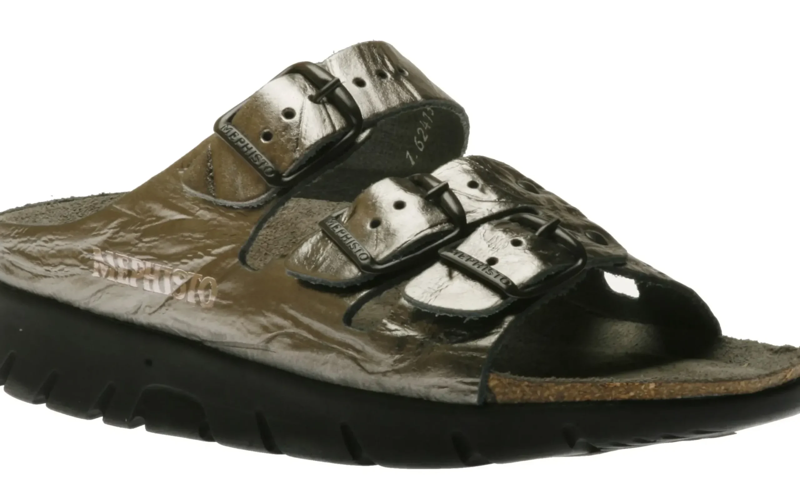 New Mephisto Zach Grey Metallic Leather Slide Sandal